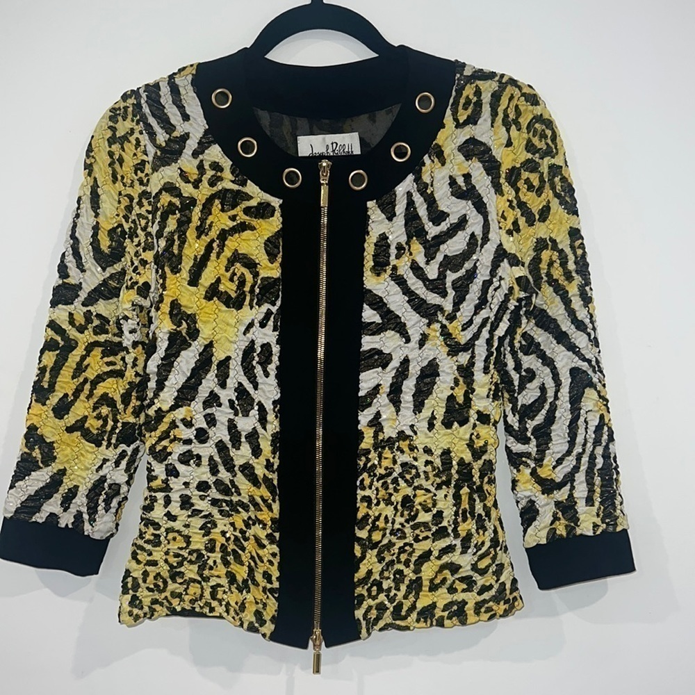 JOSEPH RIBKOFF Yellow tiger Animal Print Zip Up Dressy Sequin Jacket size 8 - Picture 3 of 15